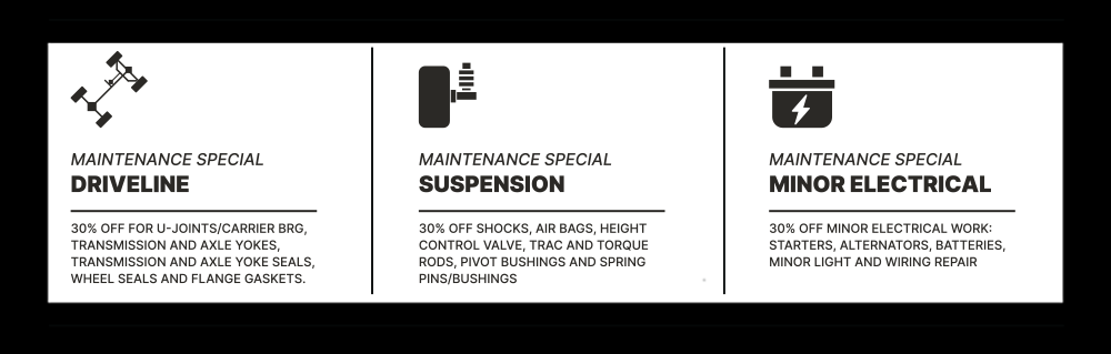 30% off standard labor rate on Driveline, Suspension and Minor Electrical