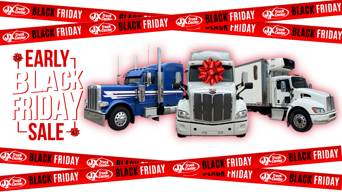 Early Black Friday Sale at JX Truck Center - Collage of Used Semi Trucks with a red bow