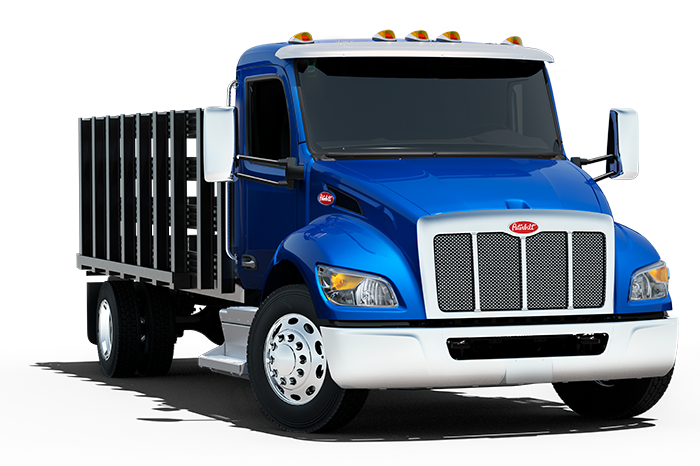 Blue Peterbilt medium-duty vocational truck with a stake bed body, representing JX Truck Center's customizable chassis options.