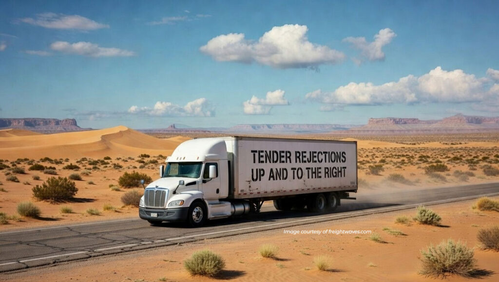 Freight Market Update: A truck trailer traveling through the desert displaying the trend "Tender Rejections Up and to the Right," signaling a potential market upswing.