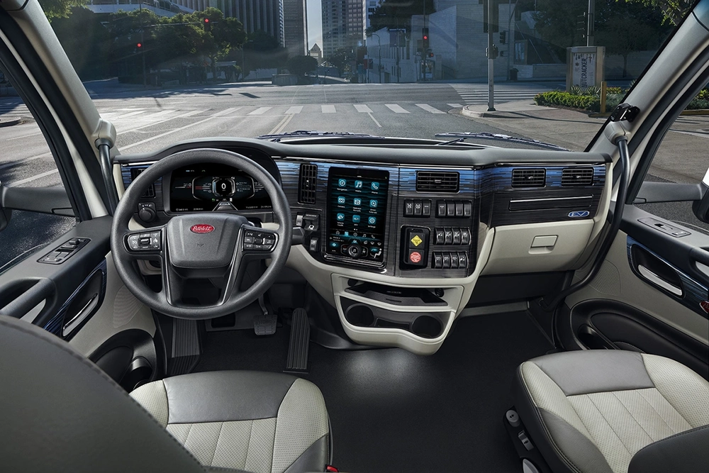 New Peterbilt 579EV interior center console view