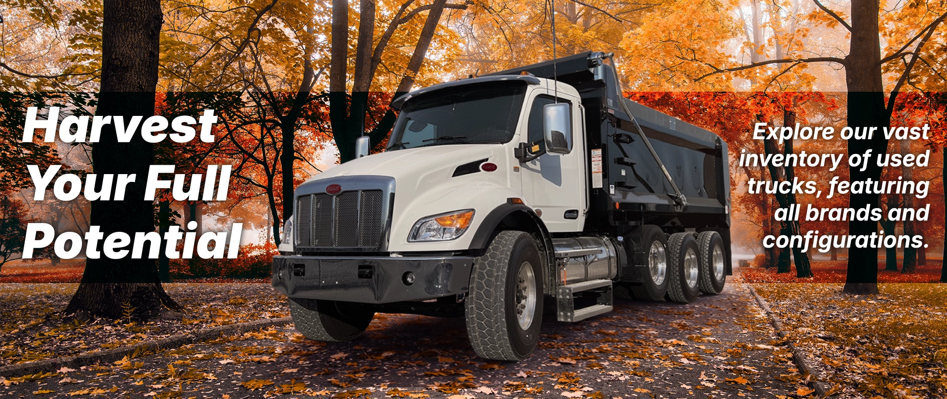 White Peterbilt dump truck surrounded by autumn foliage with text overlay reading Harvest Your Fleet's Full Potential and promoting used trucks across all brands.