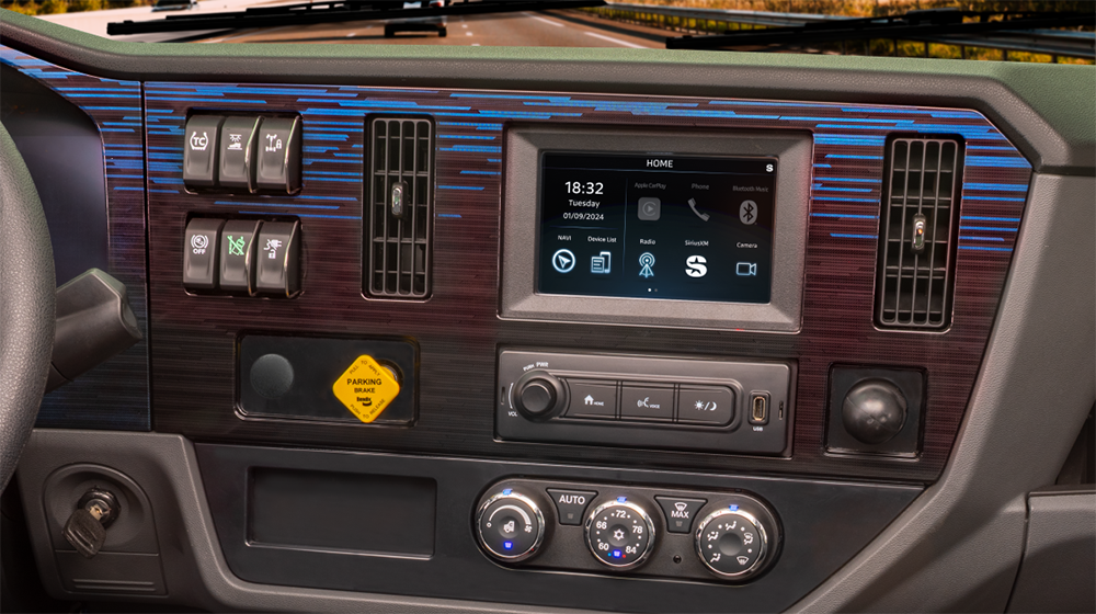 Used Peterbilt 536EV cab interior controls and panel view