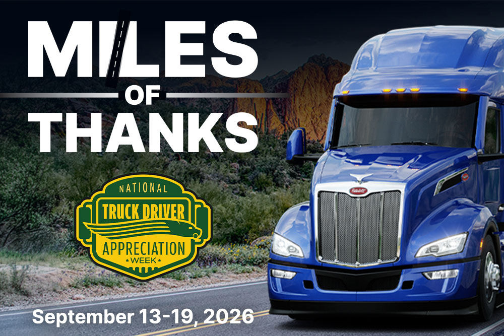 Miles of Thanks web banner for National Truck Driver Appreciation Week, September 13-19, 2026, featuring a blue semi-truck.