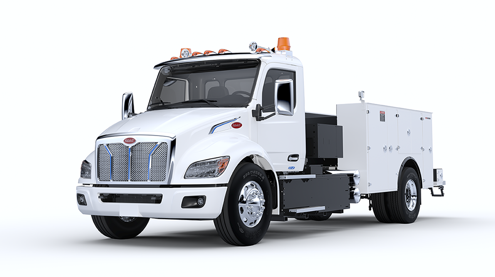 New Peterbilt 537EV medium-duty electric truck front hero exterior view