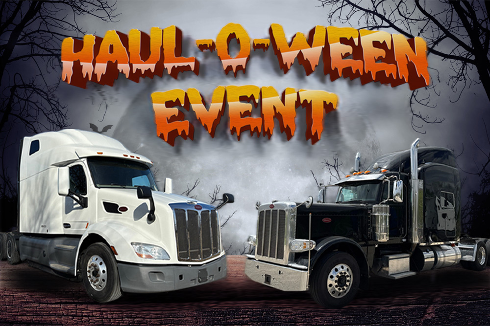 Haul-O-Ween Event banner showcasing Peterbilt sleeper and box trucks with the text "Scary Good Deals on In-Stock Trucks" and a "Search Inventory" call-to-action button.