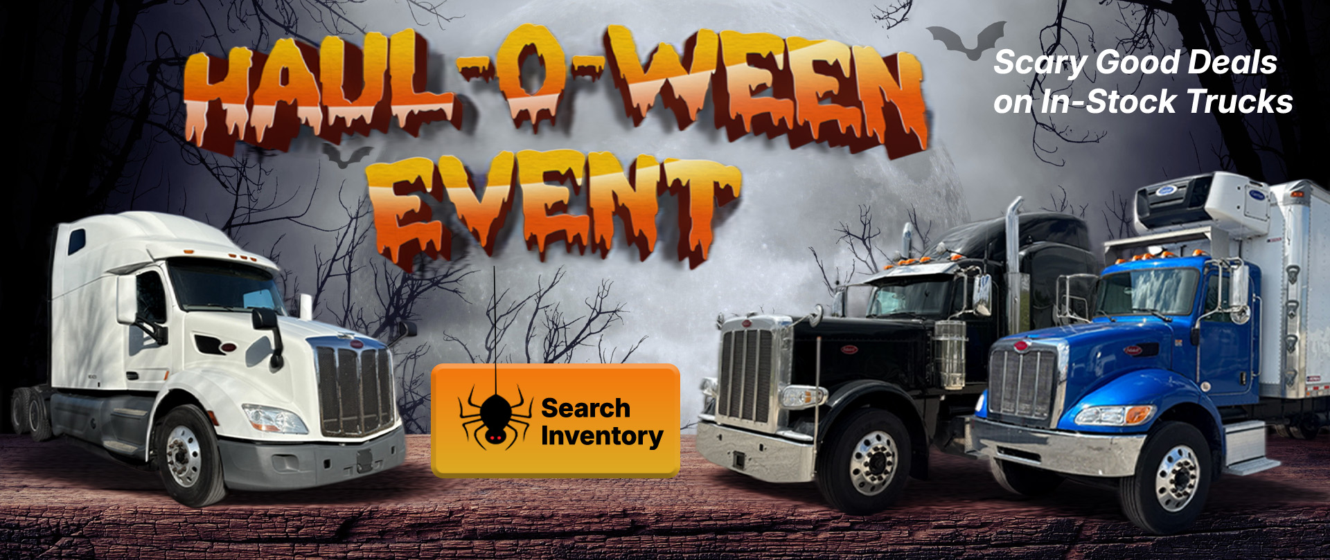 Haul-O-Ween Event banner showcasing Peterbilt sleeper and box trucks with the text "Scary Good Deals on In-Stock Trucks" and a "Search Inventory" call-to-action button.