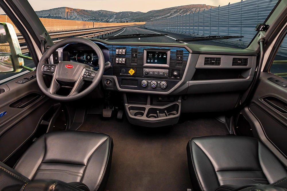 New Peterbilt 537EV driver cockpit and ergonomic dash interior view