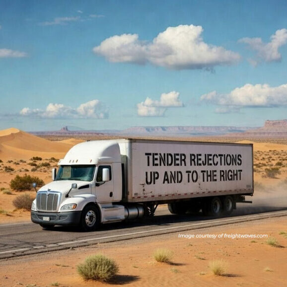 Freight Market Update: A truck trailer traveling through the desert displaying the trend "Tender Rejections Up and to the Right," signaling a potential market upswing.